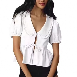 Chemise Ohsisa 2025 pour femme, nouvelle collection printemps-été, motif à pois, carreaux et couleur unie, manches courtes, col Claudine à lacets - Product Image 5