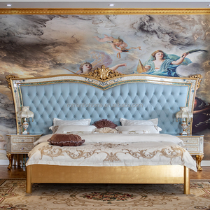 Lit King Size de Luxe Royal <span class=keywords><strong>avec</strong></span> Tête de Lit Large, Style Classique Turc, Bleu Glacé, Capitonnage, pour Villa, Palais, Mobilier de Chambre - Product Image 1