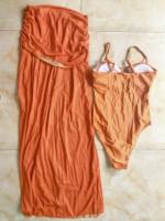 Set Pakaian Renang Wanita Trendy dan Atasan Pantai, Baju Renang One Piece Bandeau, Rok Transparan, Ukuran S-XL