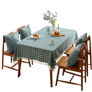 Toalha de mesa elegante, toalha de mesa bordada de algodão xadrez e linho com borla