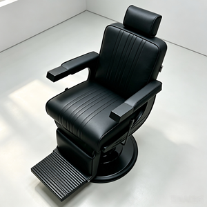 Chaise de coiffure contemporaine, cuir PU côtelé noir, base noire robuste et appui-tête réglable. - Product Image 1