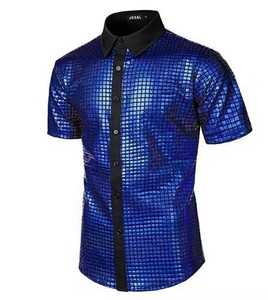 Chemise <span class=keywords><strong>polo</strong></span> à manches courtes pour homme, style hipster, or métallisé, boutonnée, costume <span class=keywords><strong>disco</strong></span> des années 70, haut pour fête d'Halloween - Product Image 6