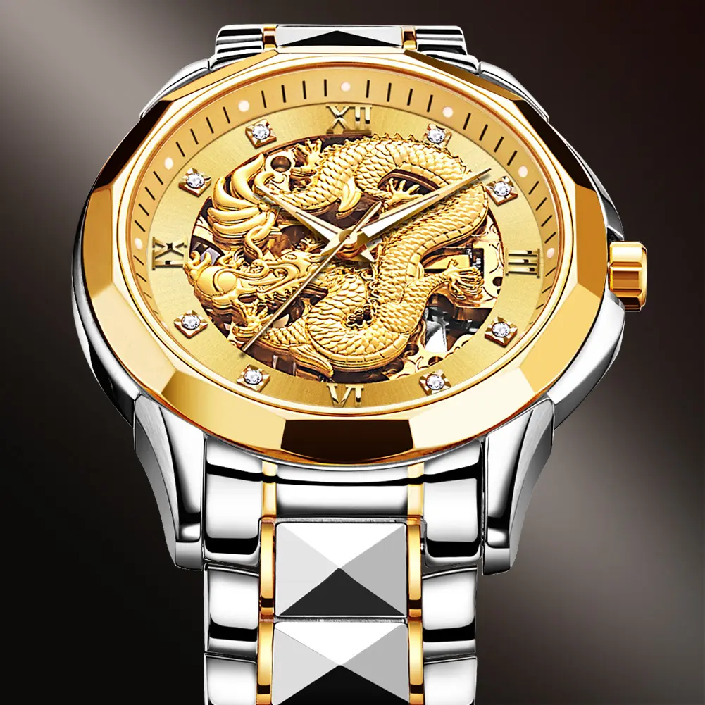 JSDUN-reloj 3D de lujo para hombre, reloj de pulsera mecánico automático con mecanismo de lujo, Dragon China, esqueleto, esfera grande dorada, 8840