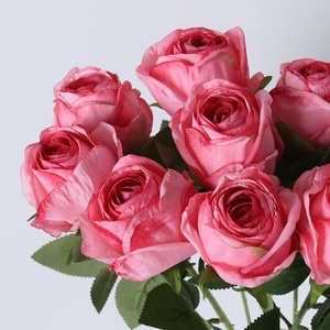 Roses artificielles en gros pour mariage, anniversaire, décoration intérieure, décorations de roses en soie à bords brûlés en stock - Product Image 4
