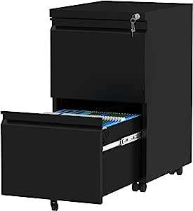 Armoire de classement mobile en acier à 2 tiroirs verrouillables avec roulettes, design peu encombrant pour le rangement à domicile et au bureau - Product Image 2