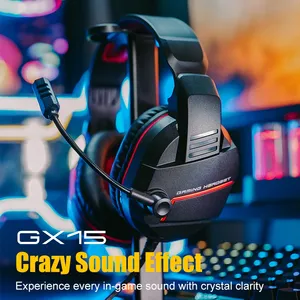 GX15 Headset diatas telinga hitam merah, Headset Gaming bass dalam Stereo