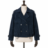 Chaqueta de mujer de gamuza genuina azul marino, con un solo botón, informal, corta, cortavientos, con forro de poliéster, epaulettes y dobladillo con cordón.