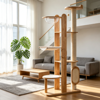 Arbre à chat SkyTower 183 cm extra haut en bois d'hévéa avec lit, capsule en acrylique transparent, hamac en tissu, griffoir en sisal et perchoirs multi-niveaux