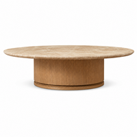 Table basse ronde en marbre de 60 pouces, pierre naturelle, style moderne minimaliste, base en bois beige, table de salon