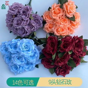 ดอกกุหลาบผ้าไหมประดับเพชร 9 หัว ขนาด 43 ซม. สำหรับตกแต่งงานแต่งงาน สีส้มเข้ม - Product Image 2