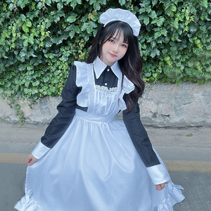 Vestido Largo Estilo Lolita Anime, Negro y Blanco, Estilo Clásico, Cuello Peter Pan, Cintura Natural, Vestido Casual para Uso Diario - Product Image 1