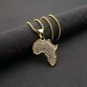 African <b>Map</b> Pendant Necklace Stainless Steel Pave Setting Rhinestone Unisex Gift Jewelry - Product Image 3