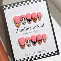 Faux ongles à presser Halloween rose amande, nouveau style français, motif fantôme, lune, étoile, dentelle, nœud, réutilisables, couverture complète pour femmes