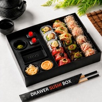 Boîte à sushi de luxe personnalisée en gros avec compartiment pour sauce, emplacement pour bouteille, boîte à sushi populaire en papier avec tiroir, emballage à emporter