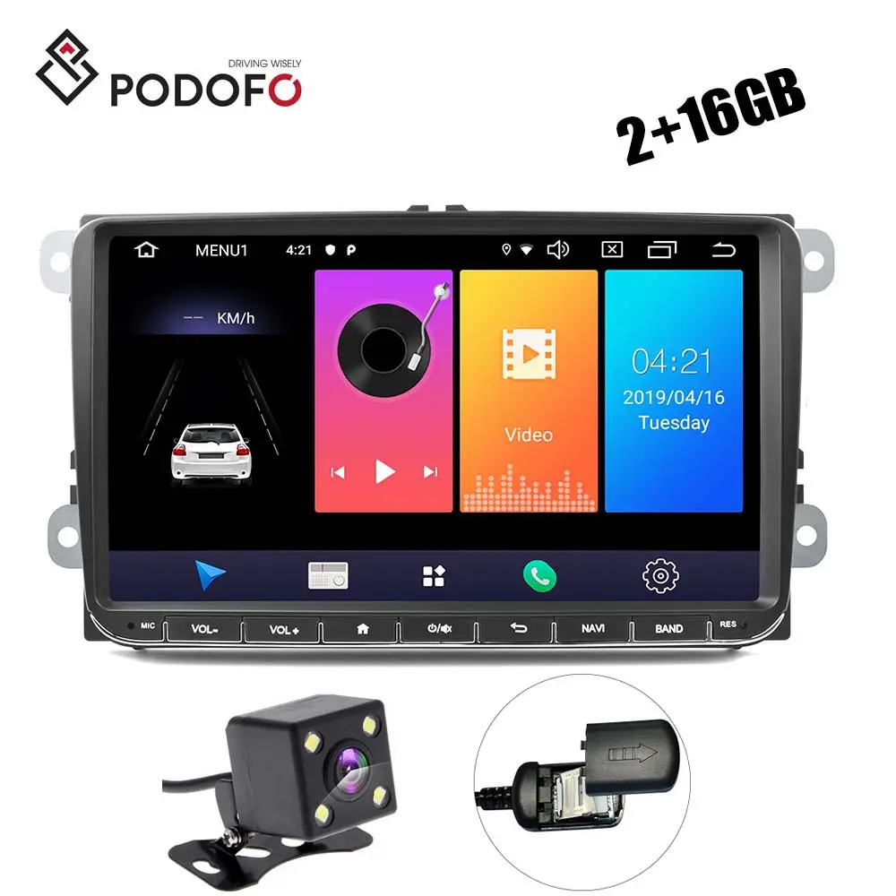 Podofo 9 "4G الروبوت 9.0 2 + 16G سيارة فيديو ستيريو FM AM RDS لشركة فولكس فاجن/جولف/MK5/MK6/جيتا/T5/EOS/بولو/توران/مقعد + كاميرا