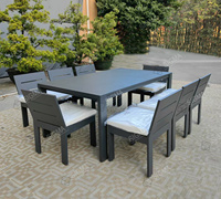 Ensemble de salle à manger d'extérieur moderne Sigma 9 pièces en aluminium style ferme avec table rectangulaire, 8 chaises et coussins (Chine) pour salon