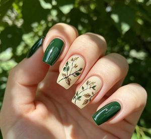 Uñas Postizas Green Leaf, Forma Cuadrada Mediana, Base <span class=keywords><strong>Verde</strong></span> Oscuro y Crema, Diseño de Ramas Pintadas a Mano, Puntas de Uñas Reutilizables - Product Image 2