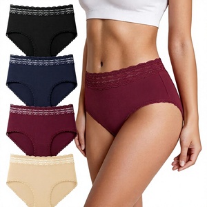 Slip da <span class=keywords><strong>Donna</strong></span> a Vita Alta in Morbido Cotone, Doppio Strato, con Pizzo Lavorato a Maglia, Orlo in Pizzo Ondulato, Tinta Unita, Traspirante - Product Image 1