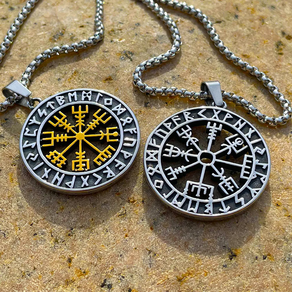 Norse Vegvisir Viking Necklace Men Compass Pendant 316L Stainless Steel Odin Viking Rune Necklace Amulet Jewelry Gift