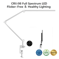 Lampe de bureau LED en métal pliable à double lumière, gradation tactile/télécommandée, alimentation CA, CRI 95 élevé, protection oculaire, écologique, réglable pour la lecture