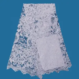 Fabriek groothandel prijs nieuwe sample pailletten afrikaanse geborduurde wit kant stof voor bruiloft