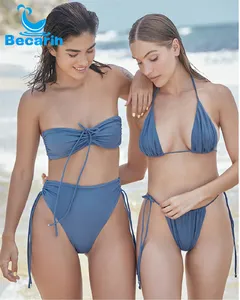 定制无肩带两件套泳装沙滩装专业制造比基尼泳装来样定做流行新设计纯色比基尼