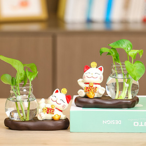 Figurine de chat porte-bonheur, ensemble de plantes hydroponiques, décoration de bureau en résine Feng Shui, ensemble multi-pièces, cadeau du Nouvel An chinois - Product Image 2