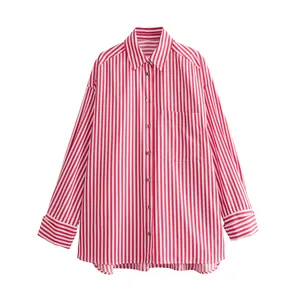 Turn down collar long sleeve striped print white red color casual fashion tops blouse for women