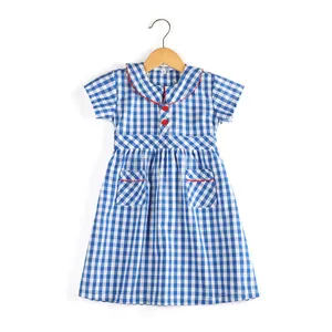Bebek yaz okul pamuk kız bez dokuma kısa kollu ck için cepler ekose vücut elbise
