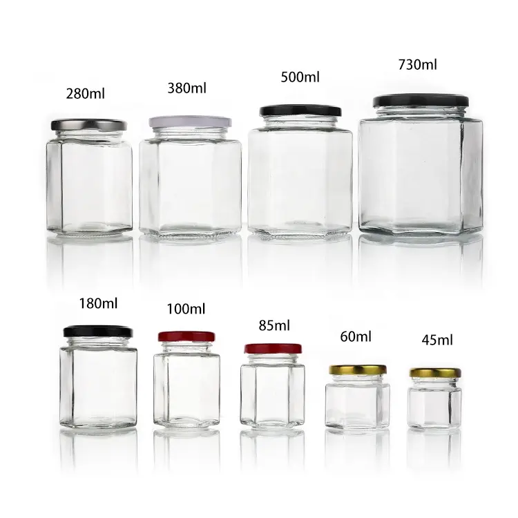 45ml -730ml de qualité alimentaire vide clair hexagonal carré verre vide pots de miel alimentaire cornichon confiture bocal en verre