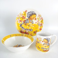 Ensemble de vaisselle pour enfants avec impression d'animaux mignons, peint à la main, bordure minimaliste Linea, bol et assiette en porcelaine pour enfants