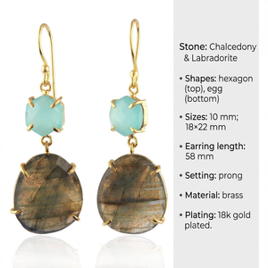 Natural Labradorite Chalcedony Drop <b>Earrings</b> Brass 18k Gold Plated Hexagon & Egg Shape Gemstone <b>Earring</b> Women Fashion Jewelry - Product Image 1