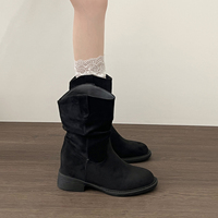 Bottines à bout rond et talon carré en daim pour femme, style western, avec découpe en V et languette repliable, 3 couleurs.