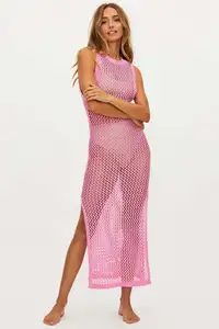 Women's Summer See Through Hollow Out Sleeveless Crochet Cover Up Backless Beach Knit Dress