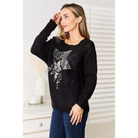 Haut en tricot noir à sequins et motif, manches dolman, 100 % acrylique, extensible à moyenne élasticité, lavage en machine, séchage à l'air frais, tailles S-XL