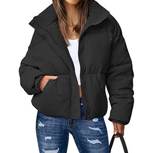 Womens Cropped Puffer Jacket Zip Up Stand Collar Lightweight <b>Quilted</b> Winter Warm Coat With Pockets - Product Image 1