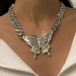 패션 소녀 보석 컬러 아이스 지르콘 라인 석 다이아몬드 대형 나비 쿠바 체인 Chock 목걸이
