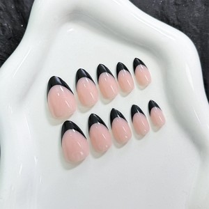 Lot de 10 faux ongles noirs brillants en amande courte, style français, à presser, vente en gros, modèle Y73 - Product Image 3
