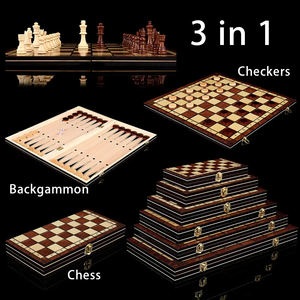 レトロ3in1チェス・チェッカー・バックギャモン木製チェスセット木製非磁性駒折りたたみ式チェス盤チェスボードゲームギフト - Product Image 1