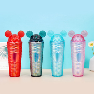 Nuevo diseño lindo ratón oreja 24oz 710ml vaso de plástico de doble pared taza para beber frío con pajita y tapa de oreja de ratón portátil - Product Image 3