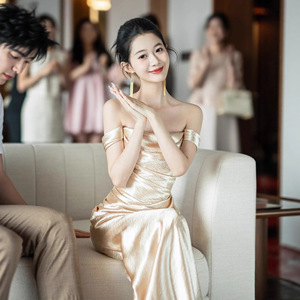 Champagne Strapless Evening Gown Natural Waistline For Engagements Weddings Banquets And Morning Events - Product Image 4