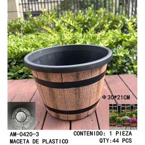Vaso di fiori in plastica con botte in legno Design - 30cm diamter 21cm altezza-fioriera da giardino rotonda per piante da esterno e da interno - Product Image 2