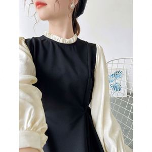 Otoño francés nuevo diseño Retro mujer manga larga vestido sólido Delgado falsificar dos piezas moda señora Stand Collar A-line vestido - Product Image 3