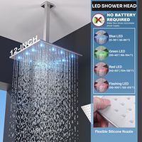 Système de douche thermostatique à 3 poignées et double tête 12" 6" LED, finition brossée moderne, avec jet corporel complet et bec de baignoire, en laiton et acier inoxydable