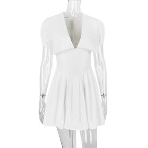 เดรสทรงวีคอวีเข้ารูปเซ็กซี่แขนสั้นขายดี ผ้าสีพื้นเรียบง่าย สไตล์ลำลองสำหรับผู้หญิง - Product Image 4