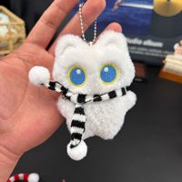 Porte-clés en peluche chat noir aux grands yeux avec écharpe noire et blanche, breloque de sac en peluche douce, chaîne à billes pour sac à main, cadeau