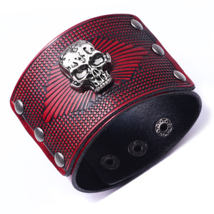 Cowhide <b>Leather</b> <b>Bracelet</b> For Men Wide Skull Pattern Brown Tibetan Silver Jewelry European American Style - Product Image 3
