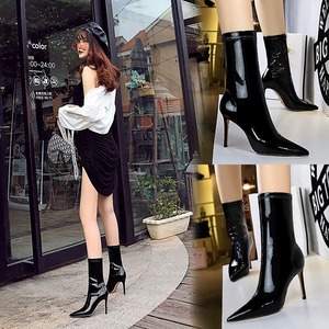 Bottes mi-mollet pour femme en cuir verni style occidental à talon haut - Élastiques, amincissantes, à bout pointu, sexy et de qualité pour la marche - Product Image 5