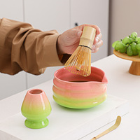 Lot de 2 bols à Matcha en céramique avec logo personnalisé et boîte de couleur Bol à Matcha rose dégradé avec bec verseur Support de fouet à thé Matcha