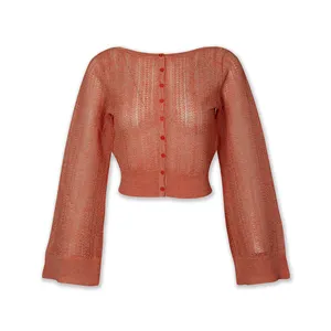 महिलाओं के लिए उच्च गुणवत्ता वाला पॉइंटेले राउंड नेक पफ स्लीव निट कार्डिगन स्वेटर
